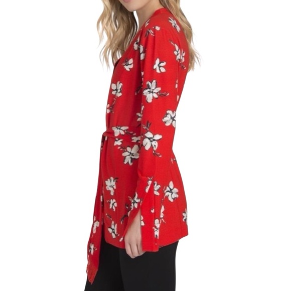 Lysse RED FLORAL BELTED KIMONO SHACKET Plus Size 2X JACKET Fringe CARDIGAN EUC - Picture 3 of 10